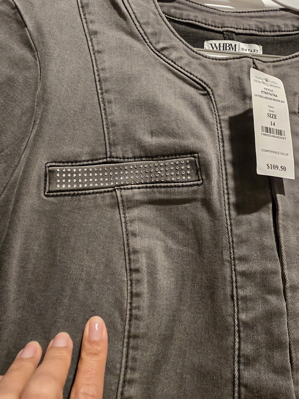 White House Black Market Charcoal Gray Jean Jacket with Stud Trim
